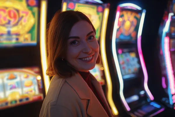 A glamorous woman holding casino chips in a neon-lit environment, representing the premium online casino atmosphere of 9777.